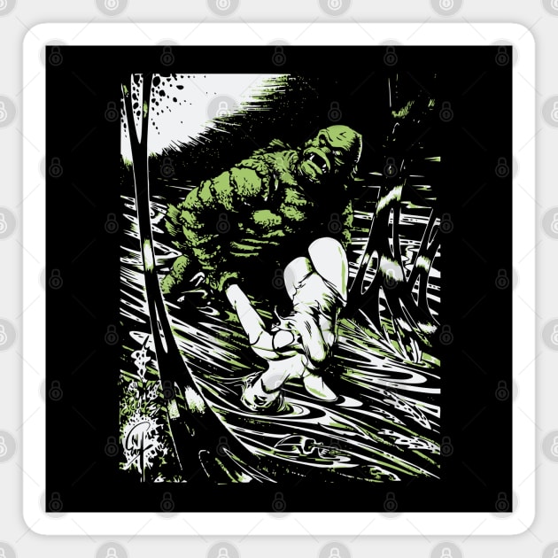 Creature from the Black Lagoon with Girl Comic Book Design Magnet by Joaddo